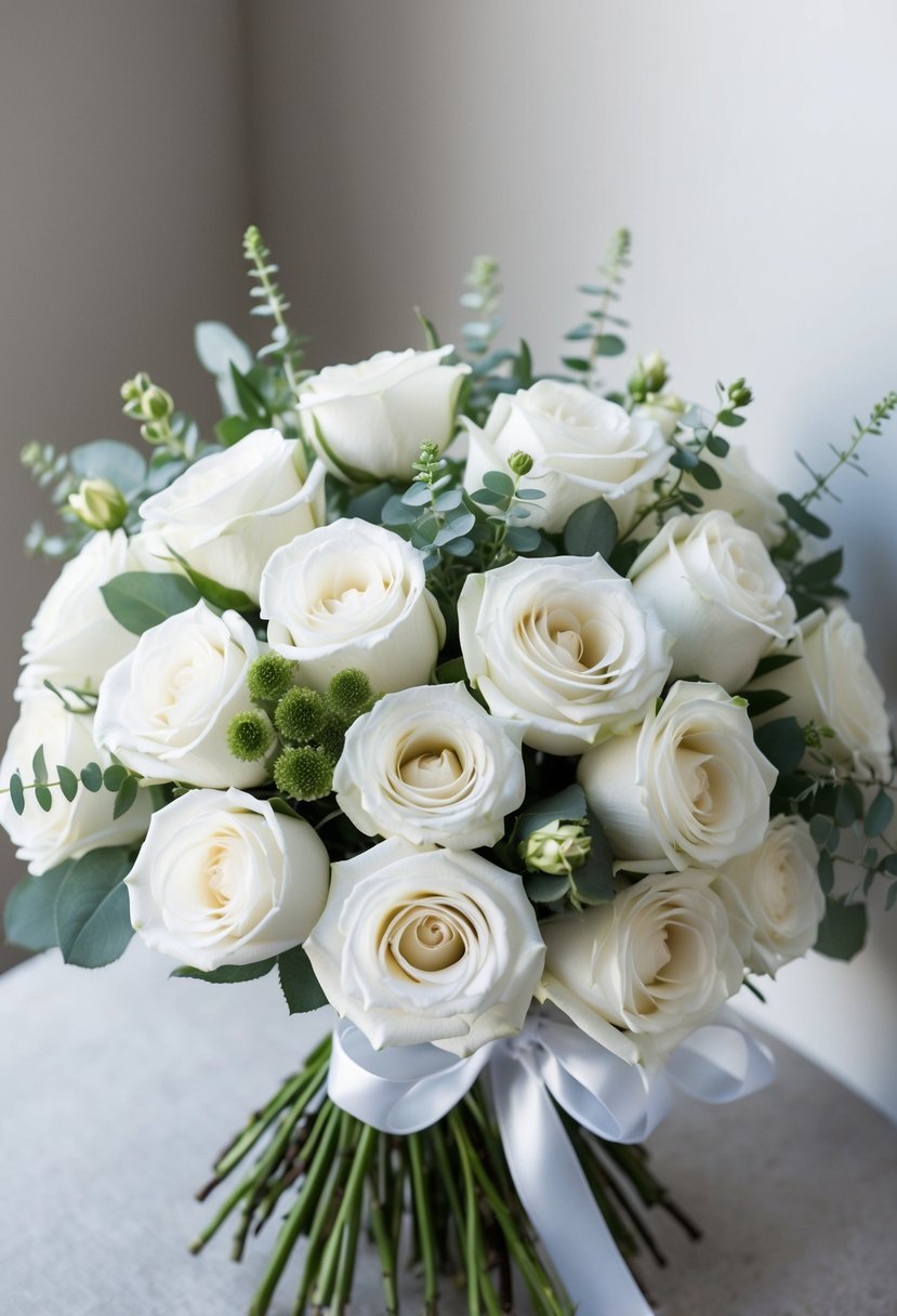 A pristine white rose bouquet arranged in a classic, elegant style, with delicate greenery and ribbon