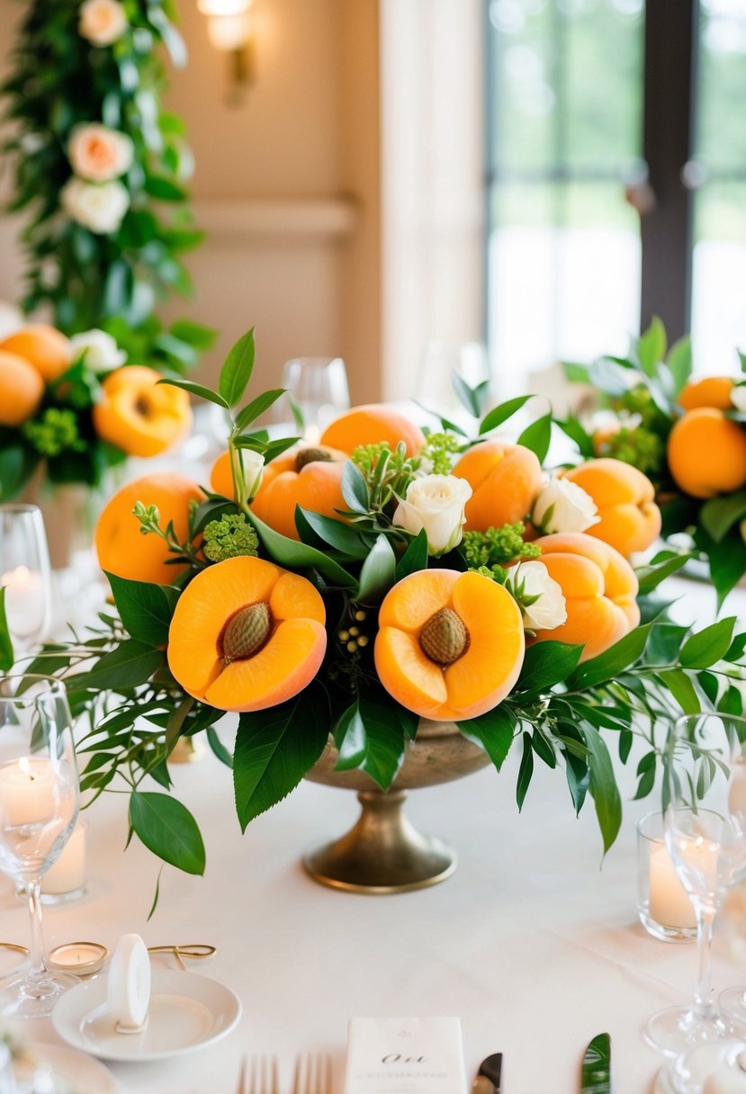 Apricot flowers arranged with lush green foliage on a wedding reception table