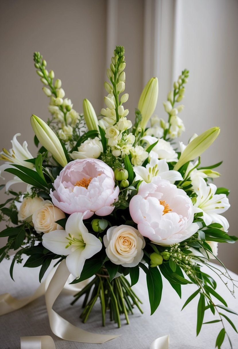 A lush bouquet of peonies and lilies arranged in a classic and elegant style, with delicate greenery and ribbon accents