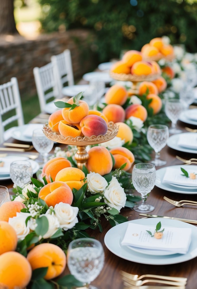 A table adorned with elegant fruit centerpieces, showcasing the vibrant colors of apricots and peaches, creating a beautiful and inviting wedding ambiance