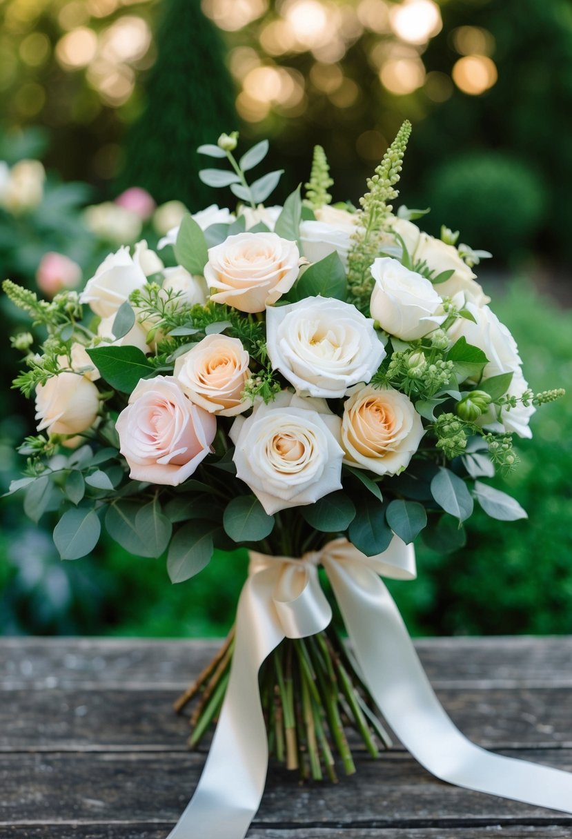 A lush bouquet of garden roses and greenery, tied with a satin ribbon