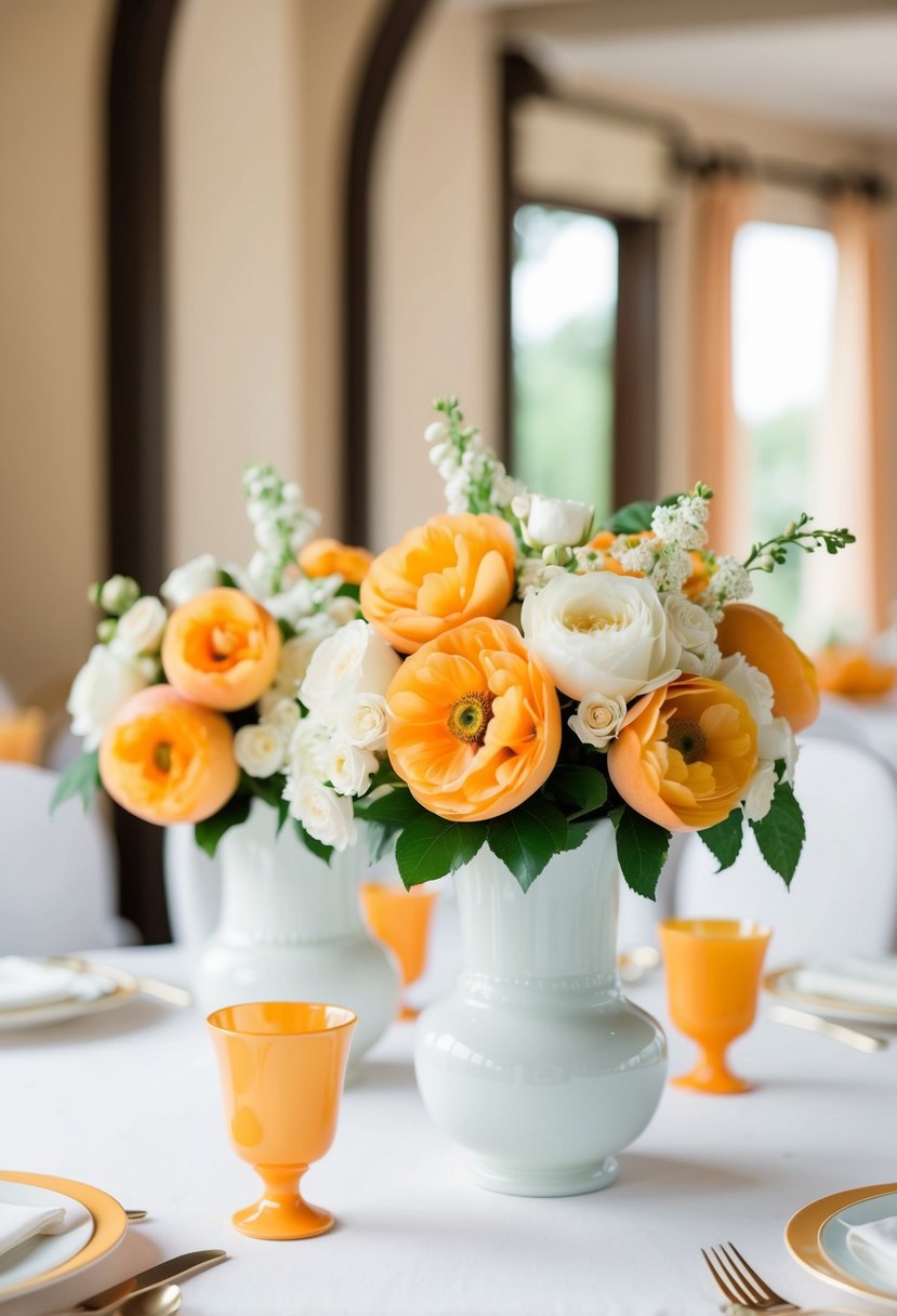 A classic table arrangement with apricot and white vases for an apricot-themed wedding