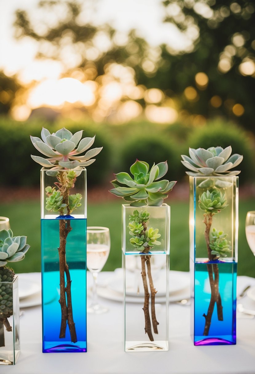 Vibrant acrylic vases hold succulents, arranged as wedding table decor