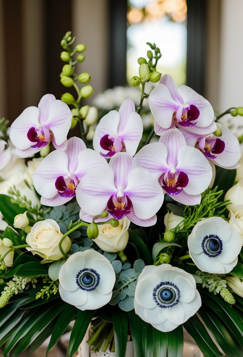 A lush arrangement of orchids and anemones in a classic, elegant wedding bouquet