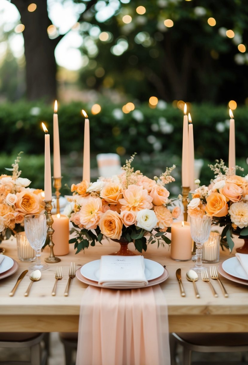 A table adorned with apricot and peach-toned flowers, candles, and linens, creating a sweet and romantic aesthetic for a wedding celebration