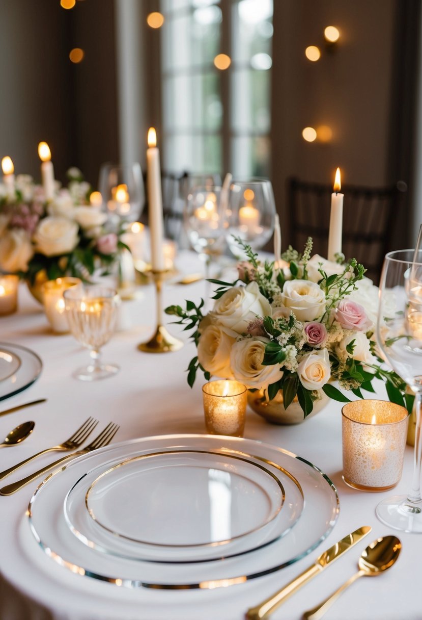 Elegant table setting with acrylic chargers, adorned with delicate floral arrangements and shimmering candlelight