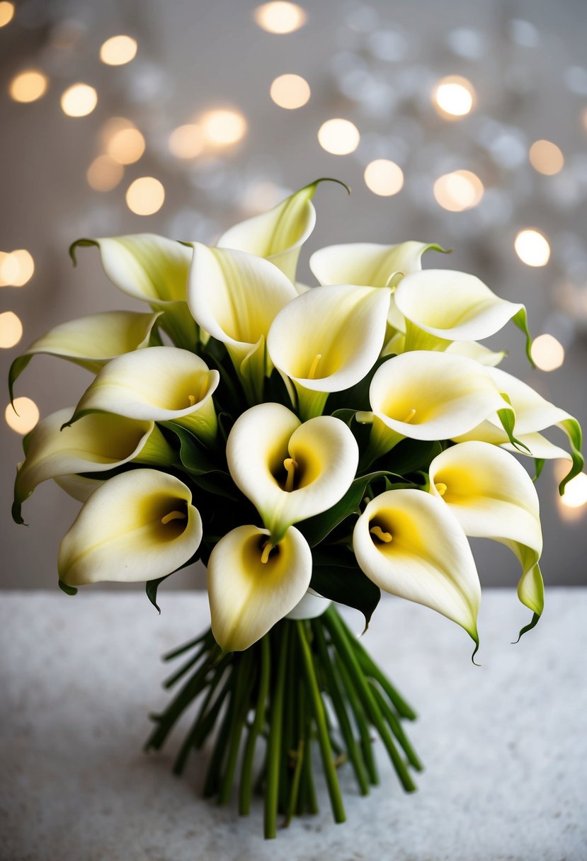 A bunch of calla lilies arranged in a classic and elegant wedding bouquet