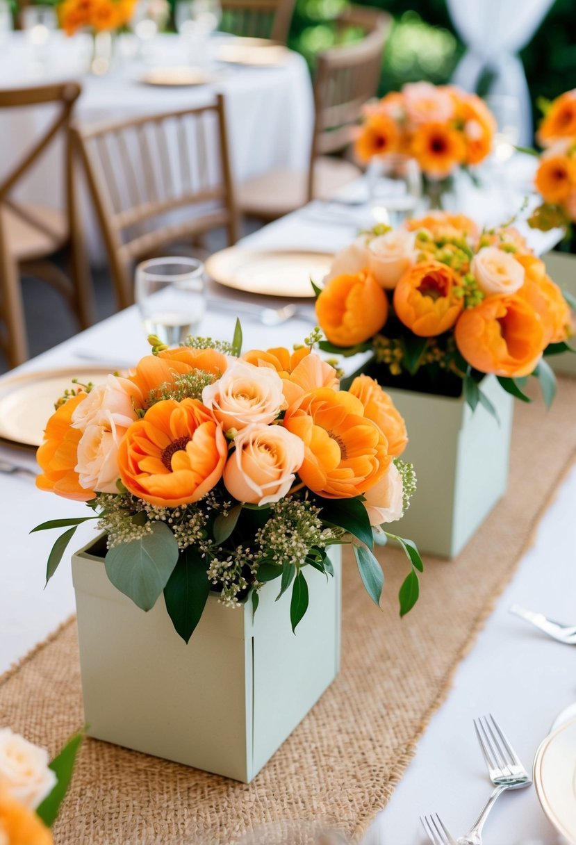 Apricot floral arrangements in DIY flower boxes adorn wedding tables