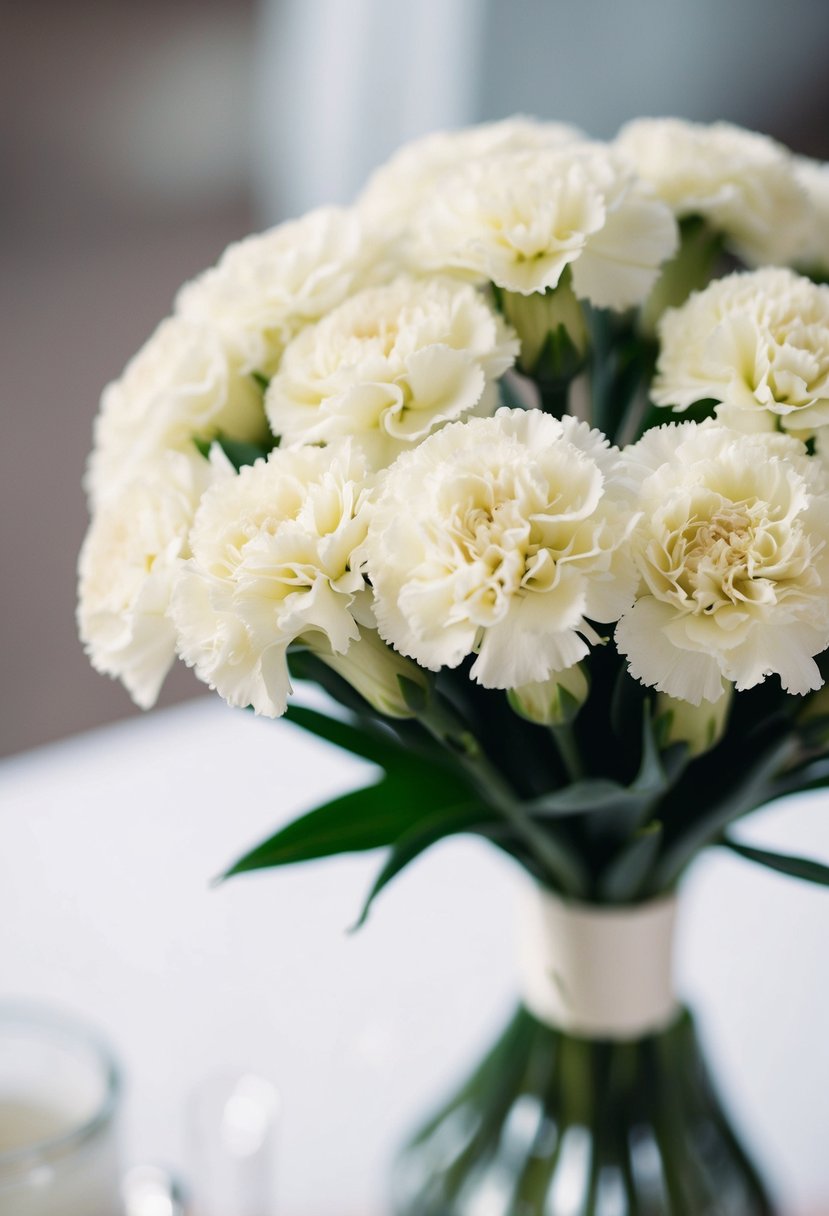 A cluster of simple, elegant carnations in a classic wedding bouquet