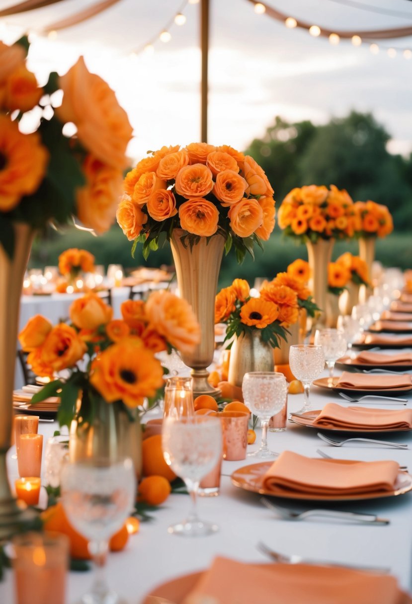 Apricot flowers in bold centerpieces adorn wedding tables in warm hues