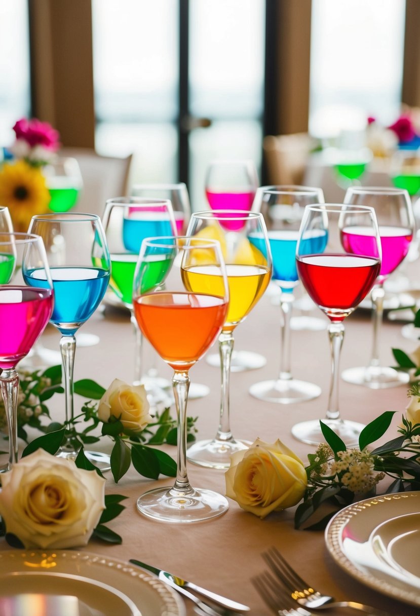 Brightly colored acrylic wine glass markers arranged around a beautifully decorated wedding table