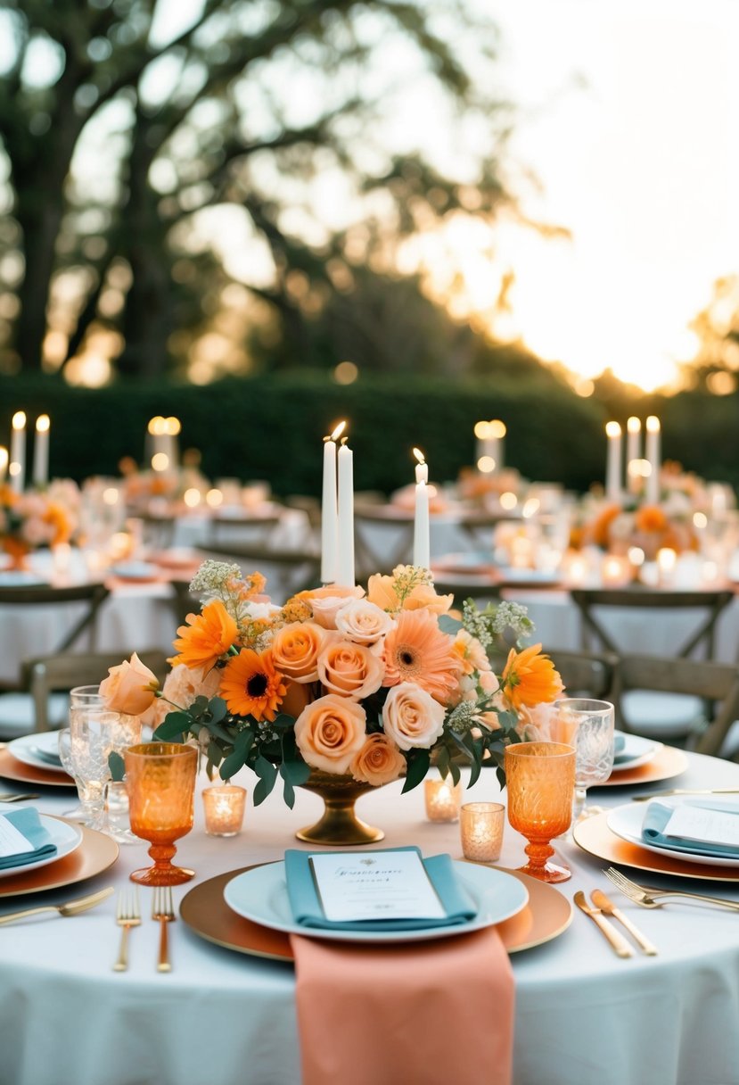 A wedding table adorned with apricot, orange, and peach flowers, candles, and linens