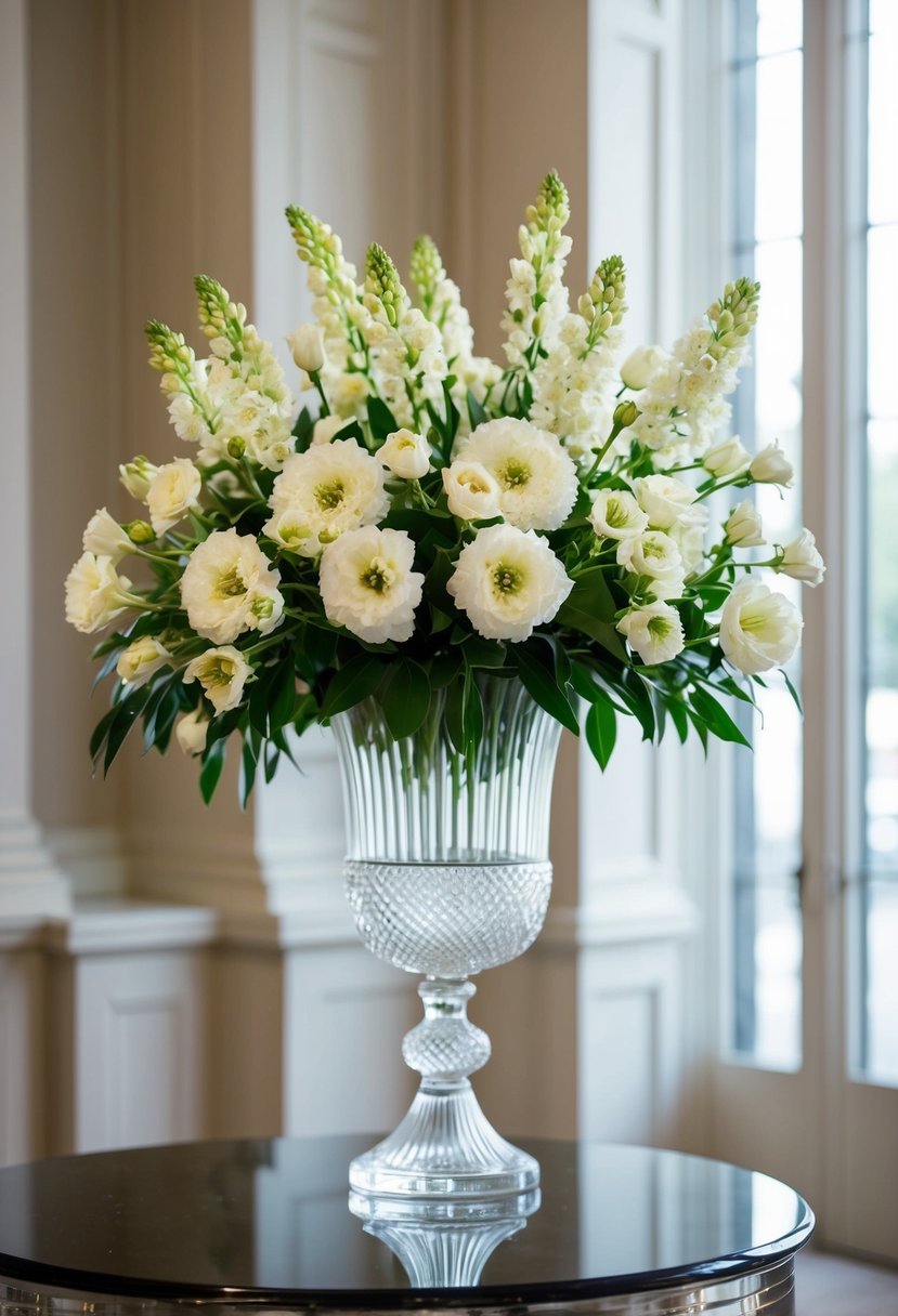 A classic elegant wedding bouquet of refined lisianthus arrangements in a tall crystal vase