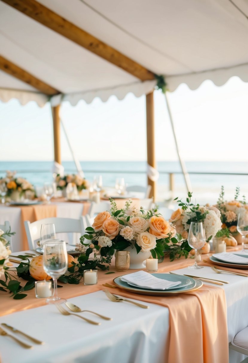 Apricot-colored linens and florals adorn tables in a coastal-inspired wedding setting