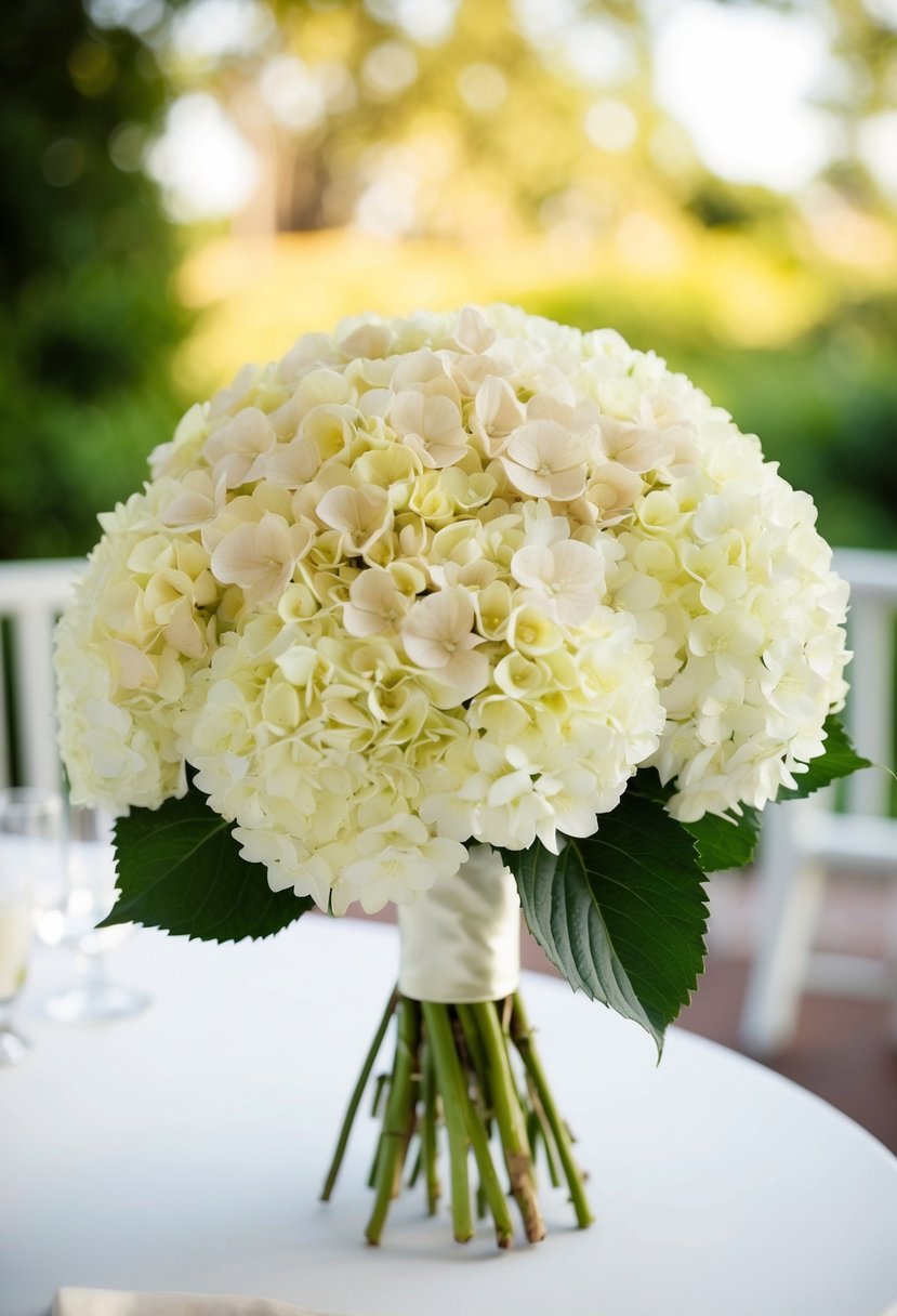 A classic wedding bouquet of hydrangeas, arranged in a posy style with elegant ribbon wrapping