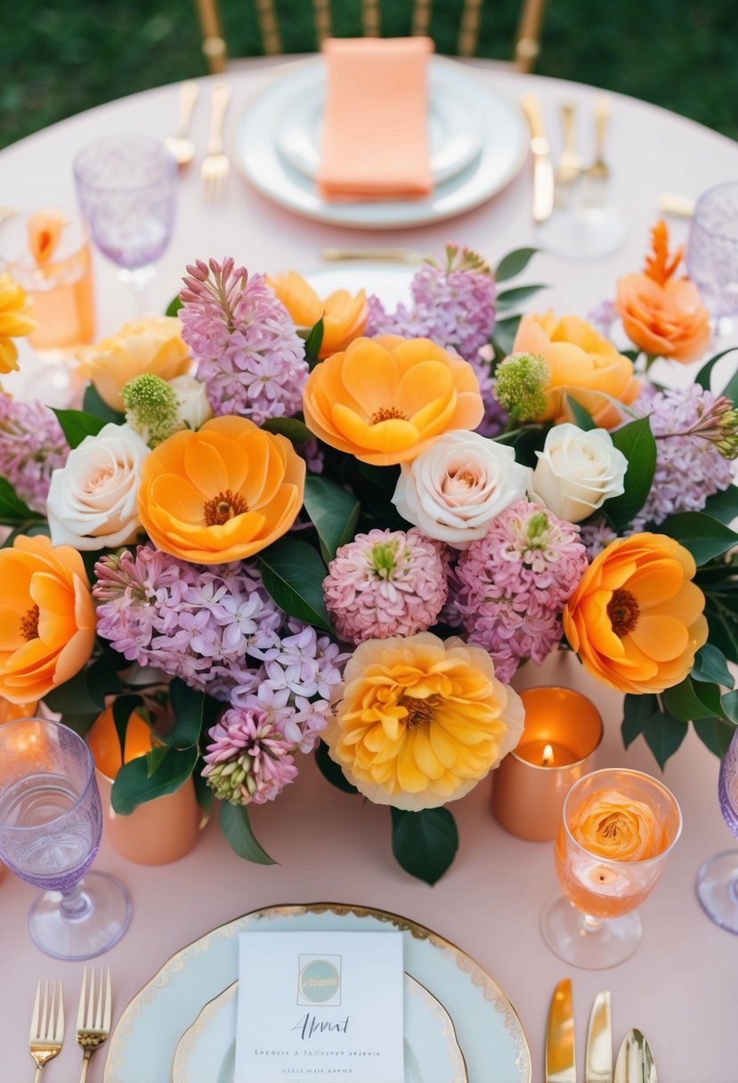 An apricot-themed wedding table adorned with lilacs and bold flowers