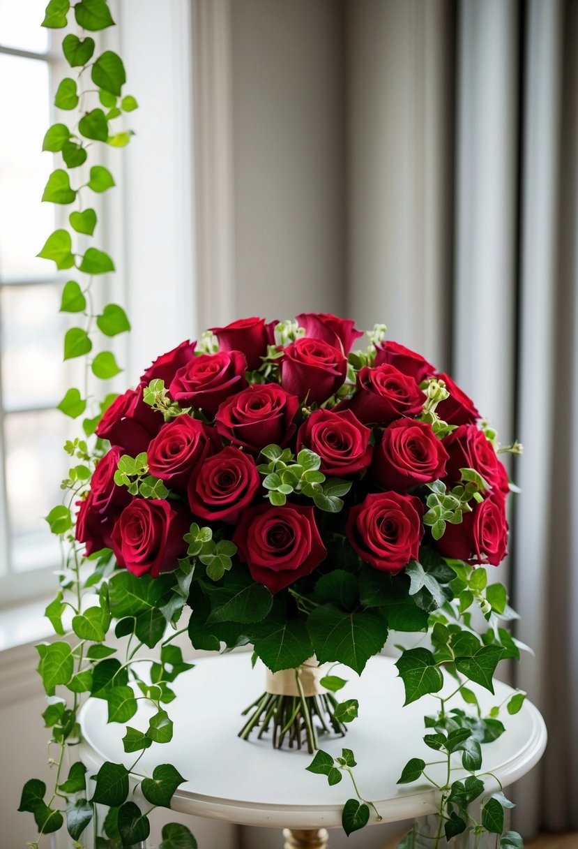 A lush bouquet of red roses and trailing ivy, arranged in a classic and elegant style