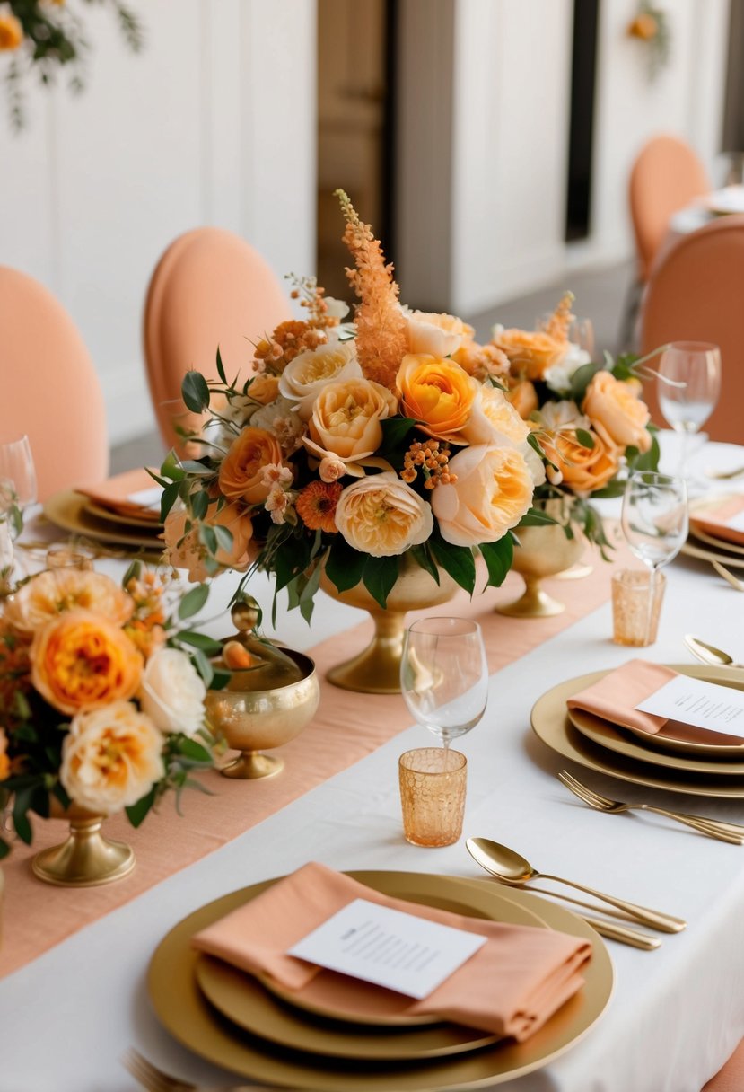 A table set with custom apricot-themed decor: handmade centerpieces, floral arrangements, and place settings, all in shades of apricot and gold