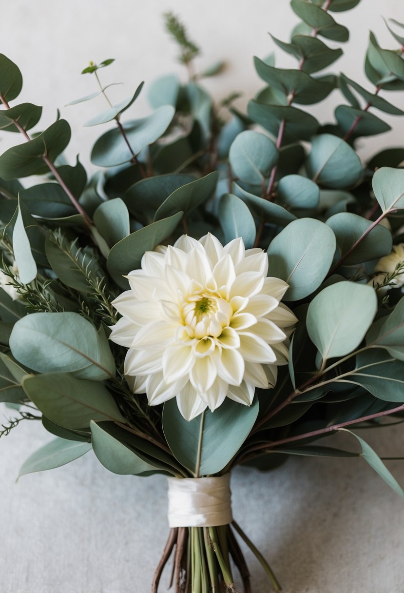 A trio of eucalyptus branches surrounds a white dahlia in a classic, elegant wedding bouquet