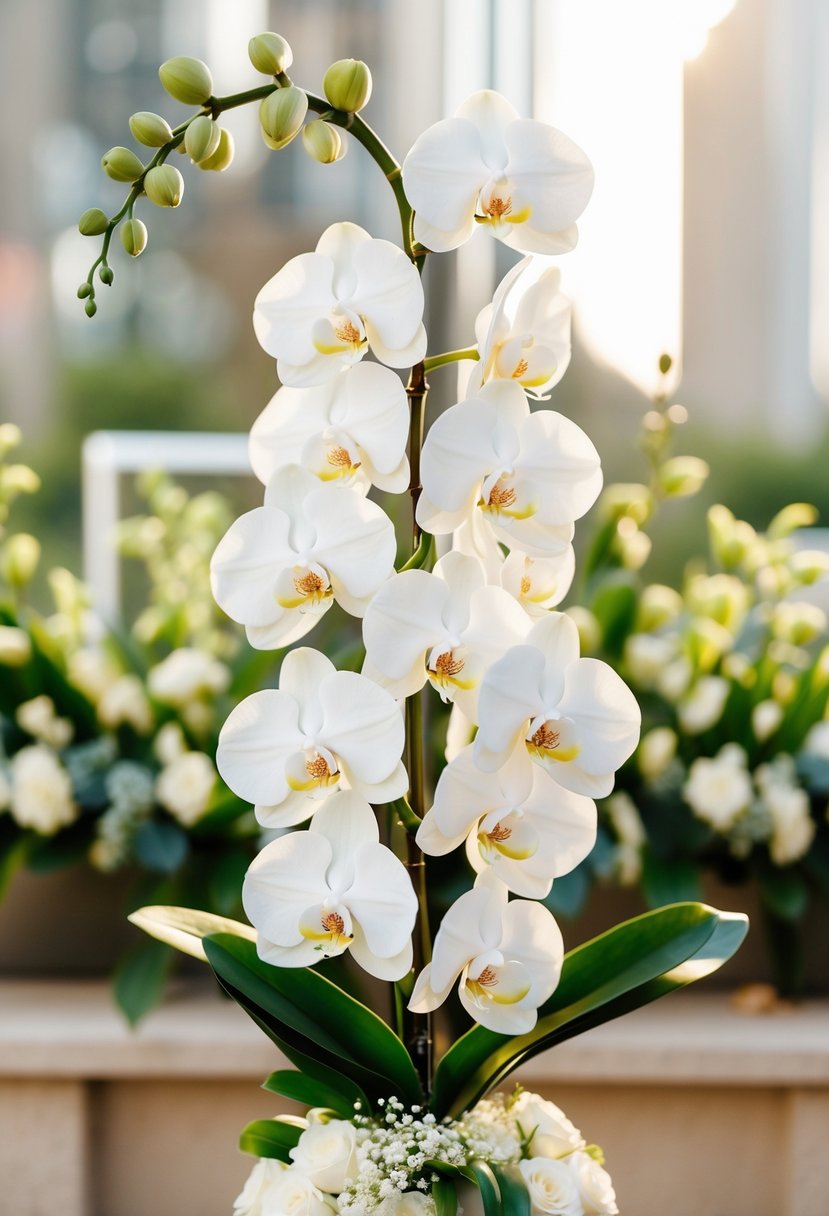 A chic white orchid spray arranged in an elegant wedding bouquet