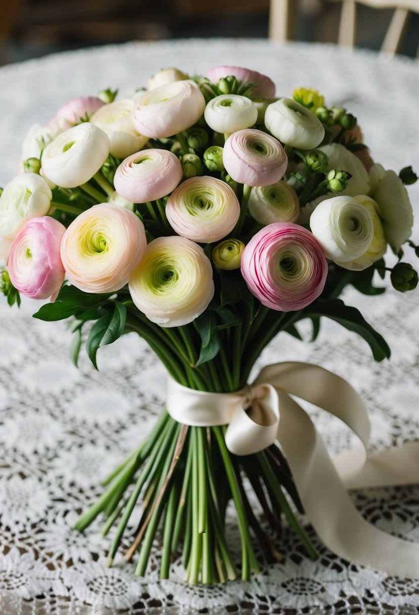 A lush bouquet of ranunculus in soft pastel hues, tied with a satin ribbon, rests on a vintage lace tablecloth