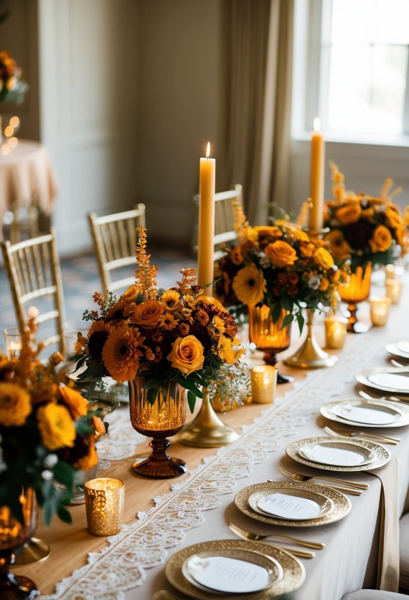 An elegant table set with amber-colored floral centerpieces, golden candle holders, and intricate lace table runners