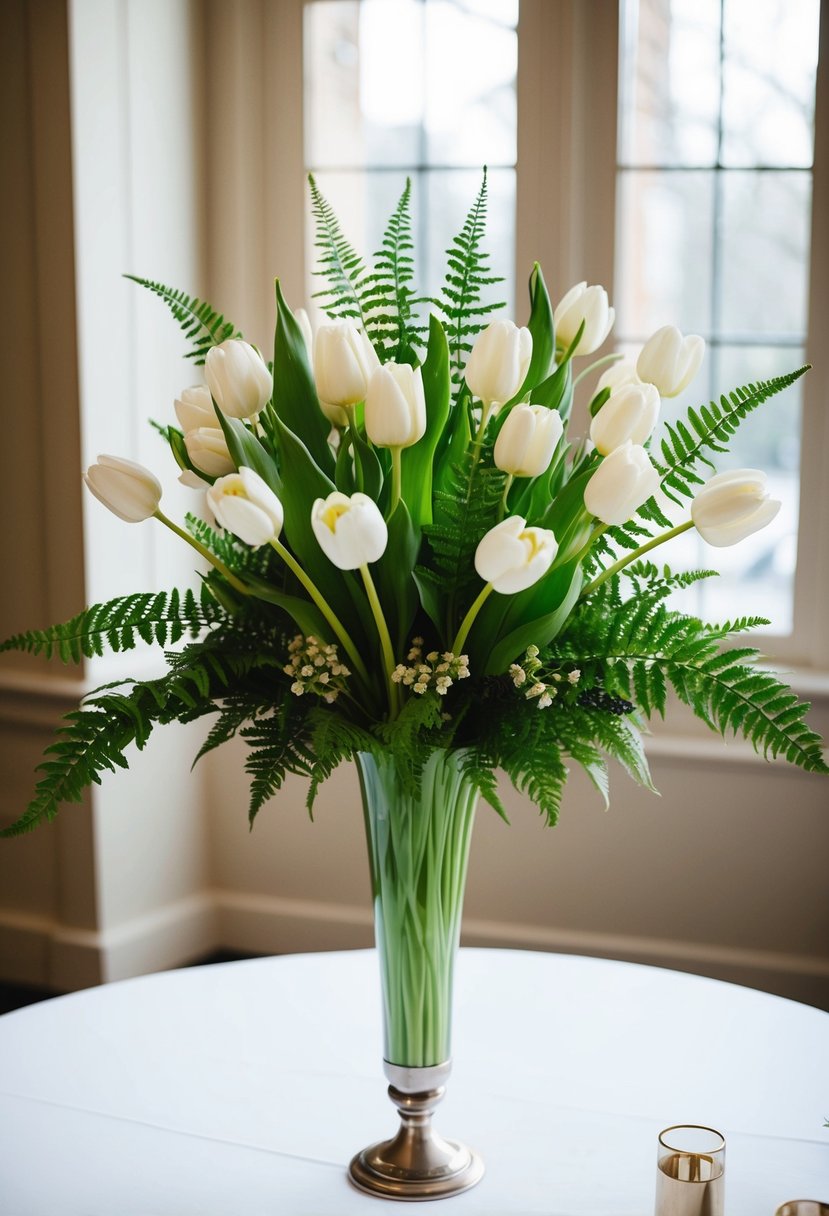 A tall, slender vase holds a lush arrangement of tulips and ferns, creating a classic and elegant wedding bouquet