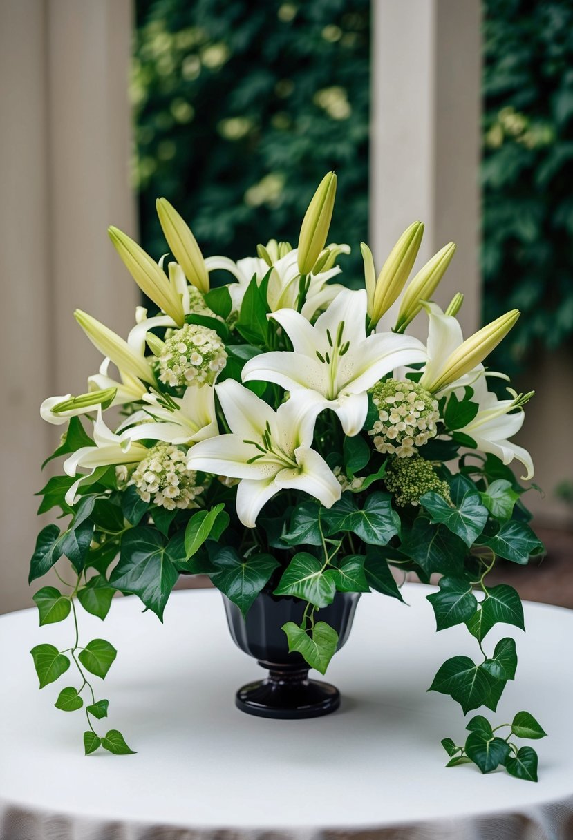 A classic bouquet of lilies and ivy, elegantly arranged with a stylish touch