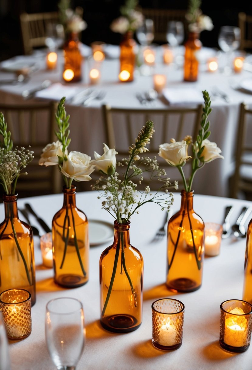 Several amber glass bud vases arranged on a wedding table, filled with delicate flowers and surrounded by flickering candlelight