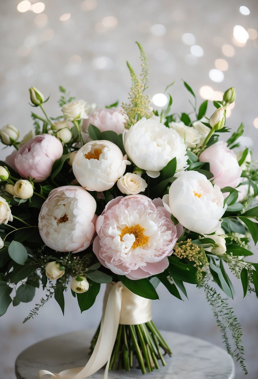 A lavish bouquet of peonies and roses in a classic, elegant arrangement, with delicate greenery and ribbon accents