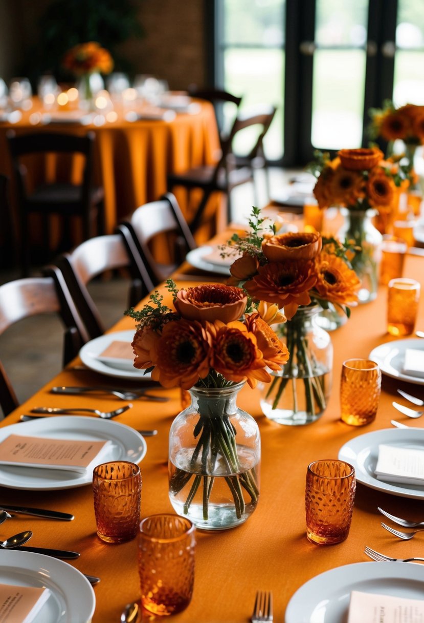 Terracotta flower centerpieces arranged on amber-colored wedding tables