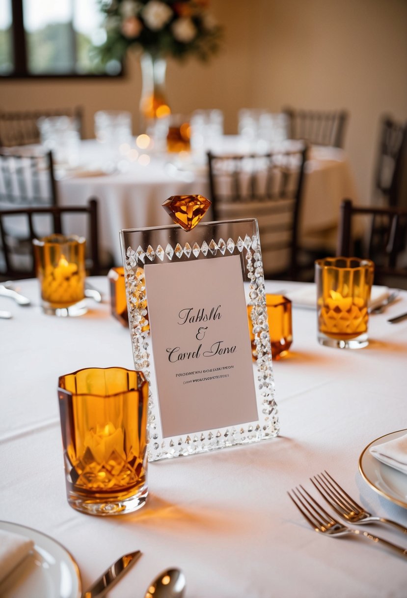 A table set with crystal card holders and amber wedding decor