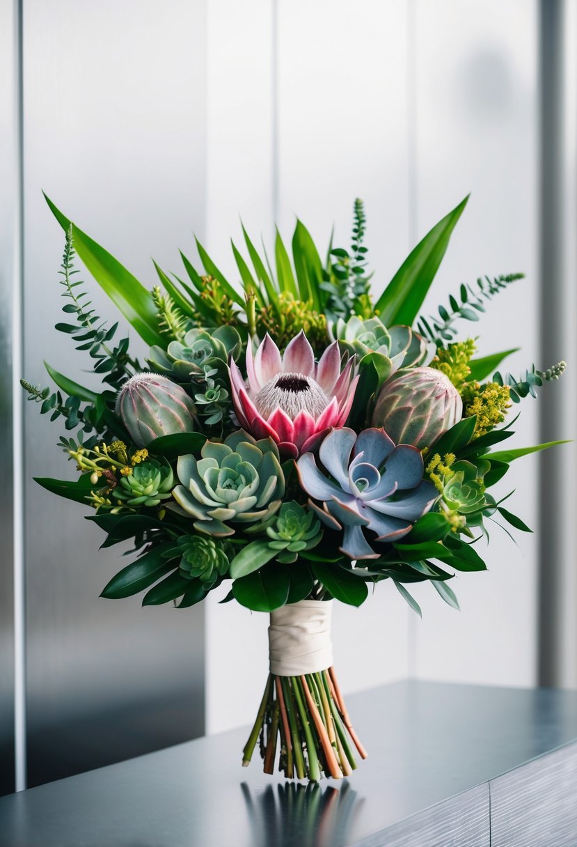 A vibrant wedding bouquet featuring succulents, protea, and exotic foliage, set against a sleek, minimalist backdrop