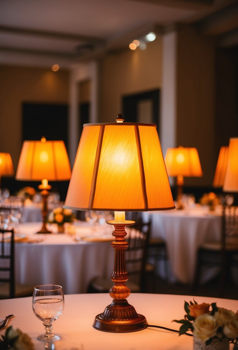 Amber lamp shades casting warm glow on vintage wedding table