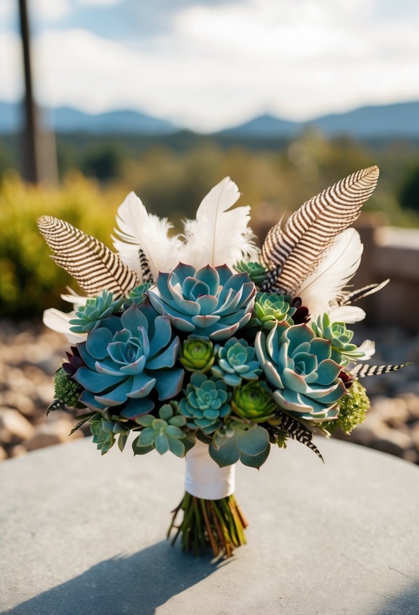 A modern wedding bouquet featuring a fusion of succulents and feathers, arranged in a unique and elegant design