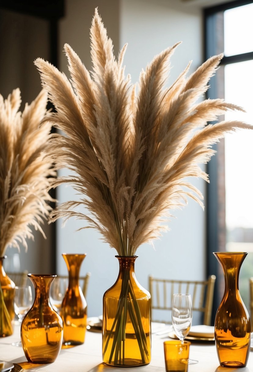 Pampas grass arranged in amber vases on a wedding table, creating a warm and elegant centerpiece