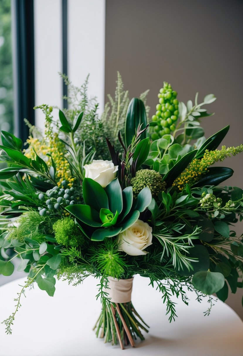 A lush, vibrant bouquet of various greenery and herbs arranged in a modern and unique style, perfect for a wedding