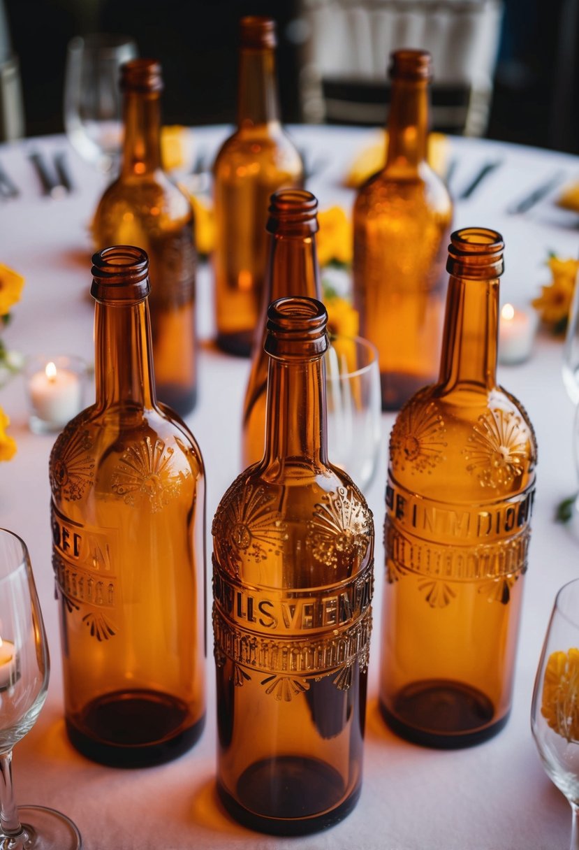 Several amber glass embossed bottles arranged as wedding table decorations