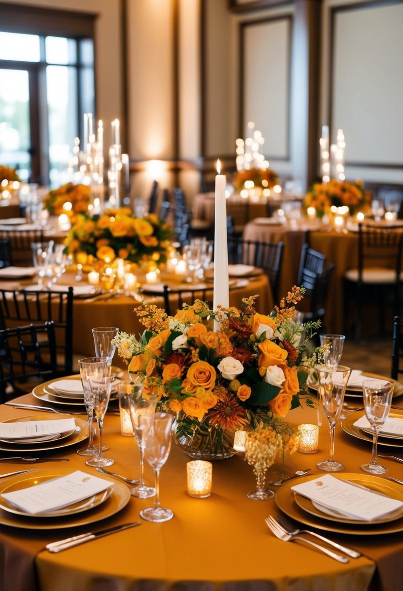 A table adorned with amber-colored wedding centerpieces, featuring elegant floral arrangements and sparkling candlelight