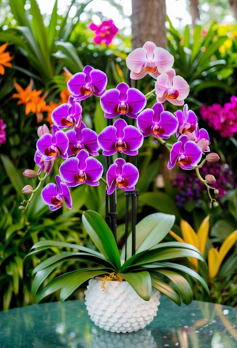 A vibrant bouquet of tropical orchids, blending modern and unique elements, set against a backdrop of lush greenery and colorful blooms