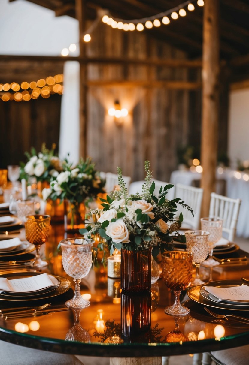 A rustic amber glass table adorned with elegant wedding decorations