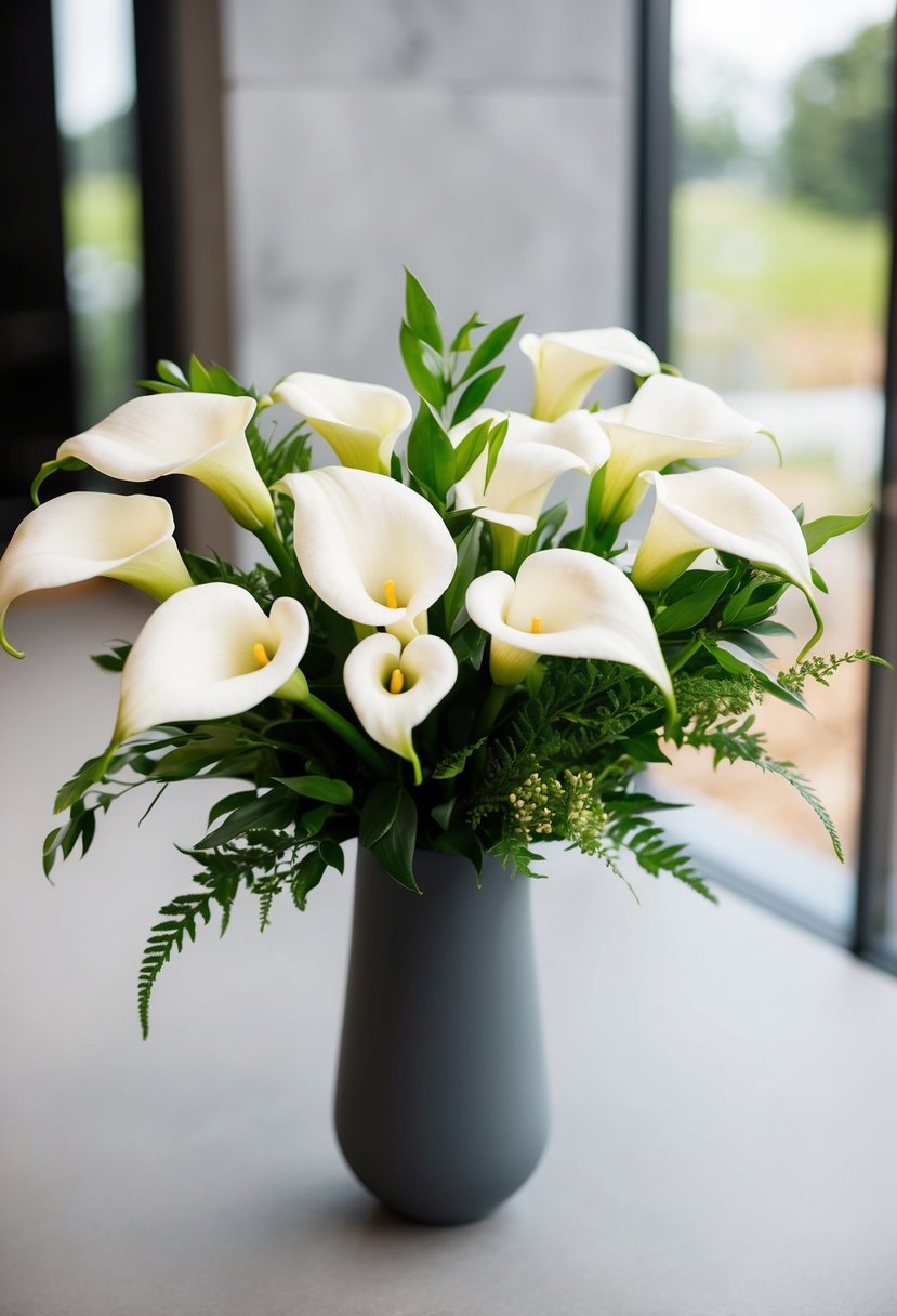 A simple, elegant wedding bouquet with white calla lilies and greenery, arranged in a sleek, modern vase