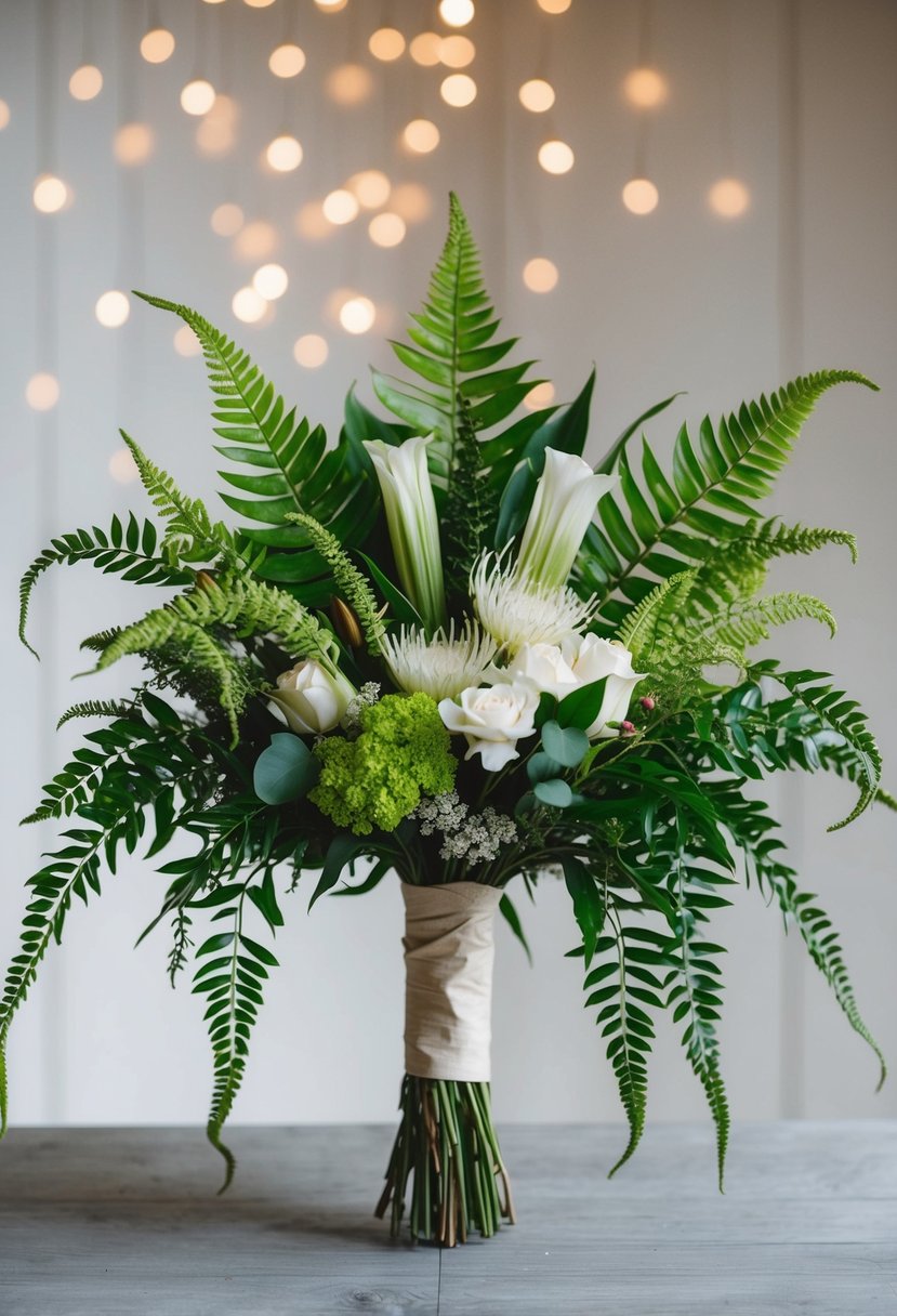 A modern wedding bouquet featuring cascading ferns and unique floral elements