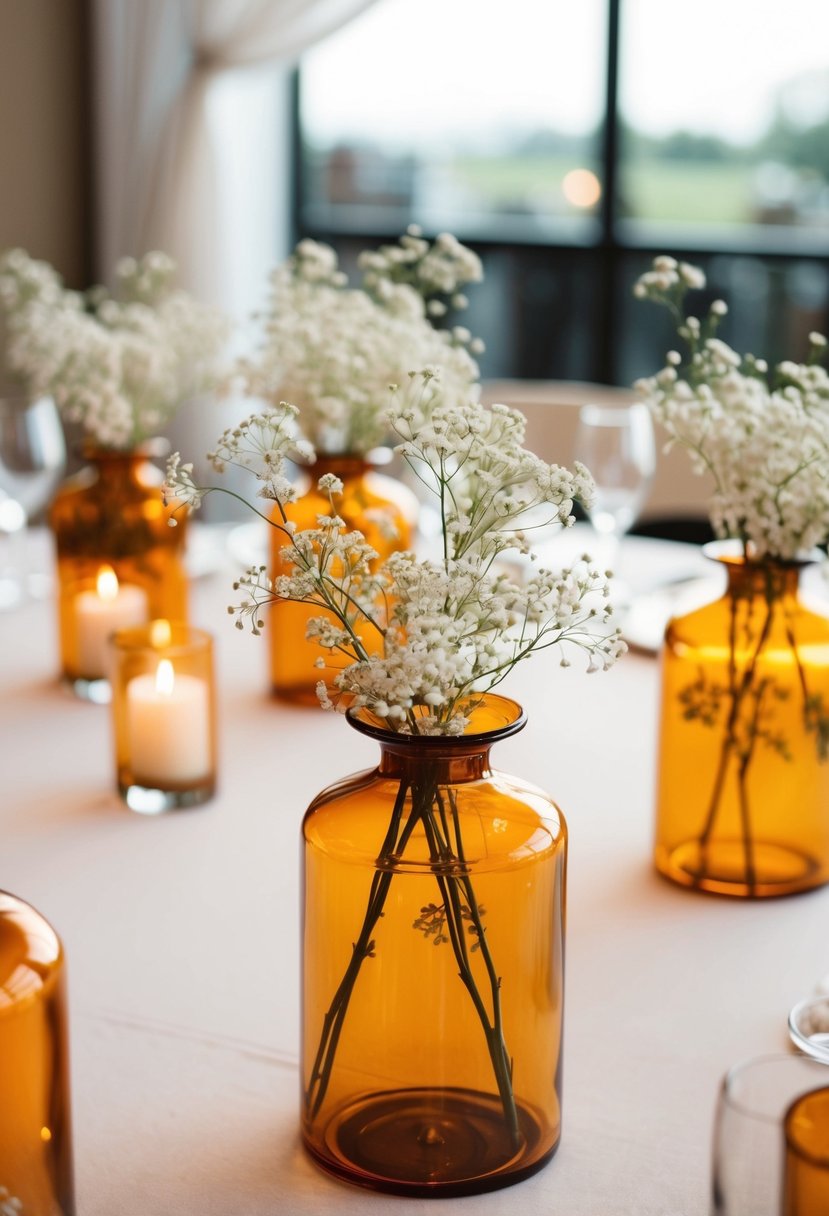 A table adorned with amber vases filled with delicate baby's breath flowers for a wedding reception centerpiece