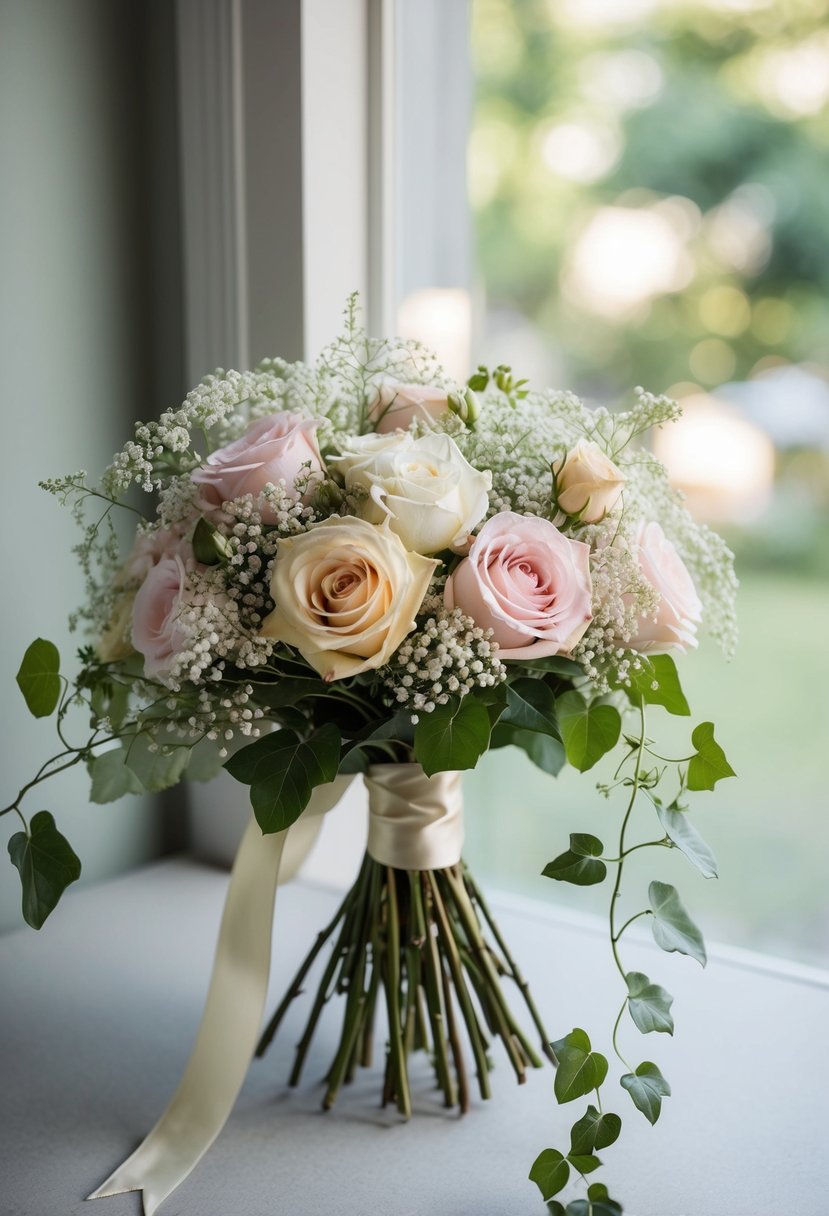 A vintage 1950s wedding bouquet with pastel roses, delicate baby's breath, and trailing ivy, tied with a satin ribbon