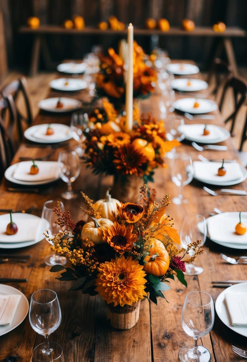 A rustic wooden table adorned with fall-hued floral centerpieces in amber and gold tones, creating a warm and inviting atmosphere for a wedding celebration