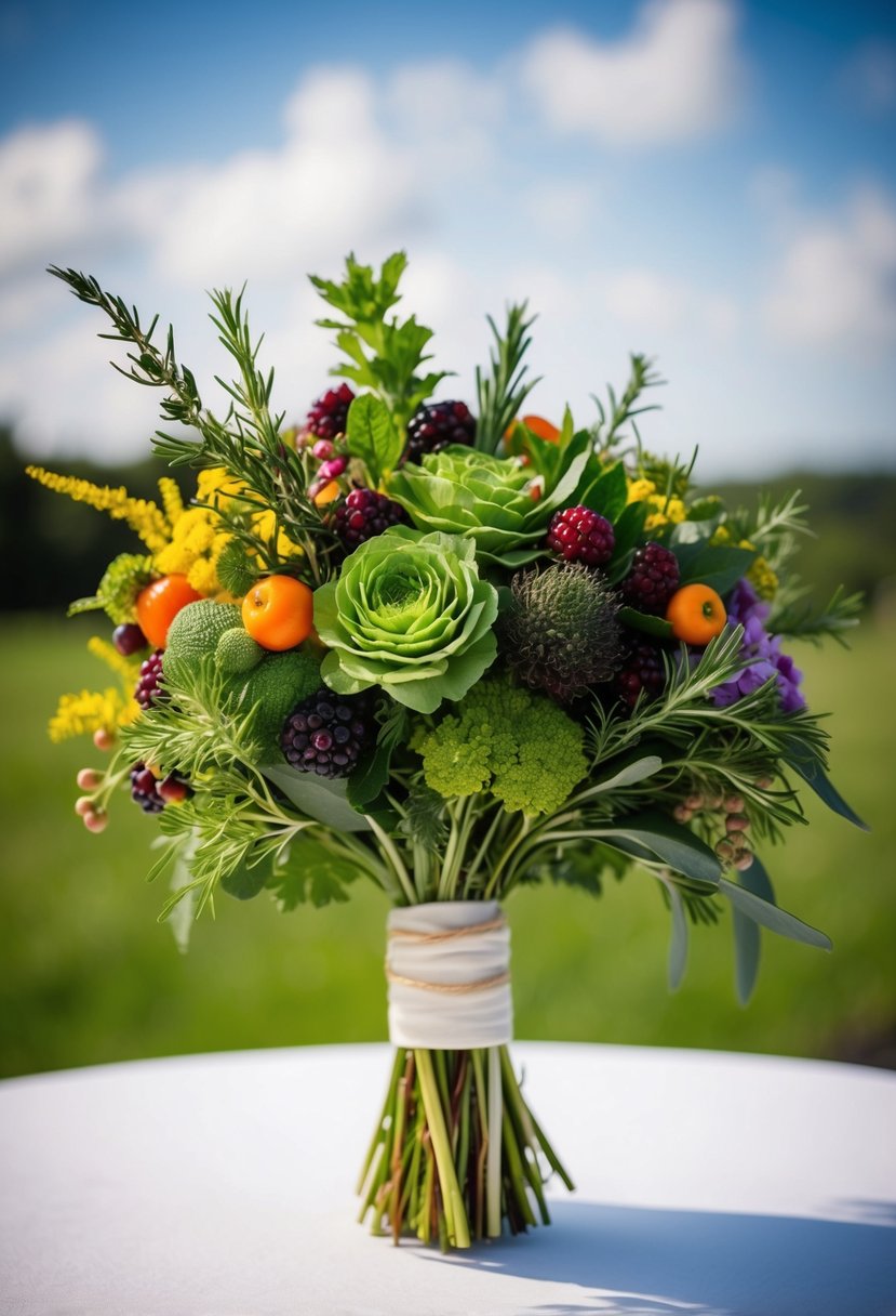 A colorful, modern wedding bouquet made of edible herbs and berries, arranged in a unique and artistic fashion