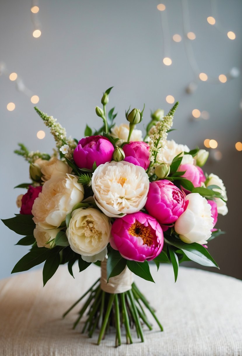 A vintage-inspired wedding bouquet featuring lush roses and peonies in a 1950s style arrangement