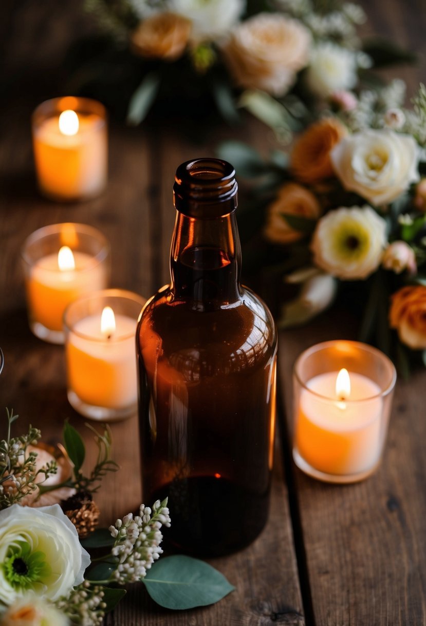 A brown amber glass bottle sits atop a wooden table, surrounded by flickering candlelight and delicate floral arrangements, creating a warm and romantic atmosphere