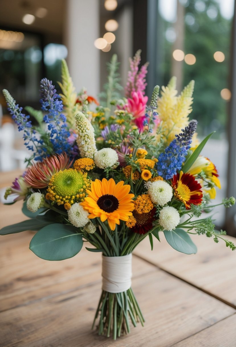 A colorful assortment of wildflowers arranged in a modern, unique wedding bouquet